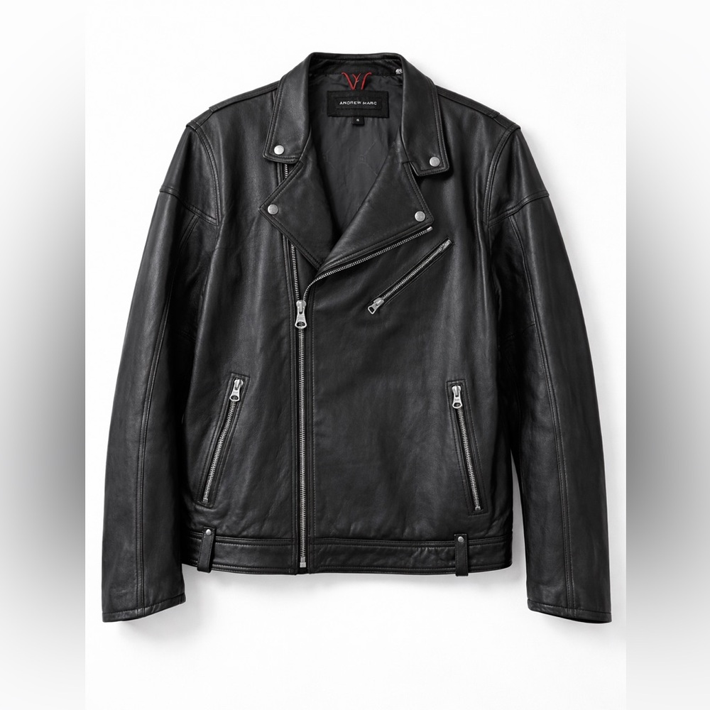 Andrew Marc Black Leather Moto Jacket XL Asymmetrical Zip Biker Genuine Leather
